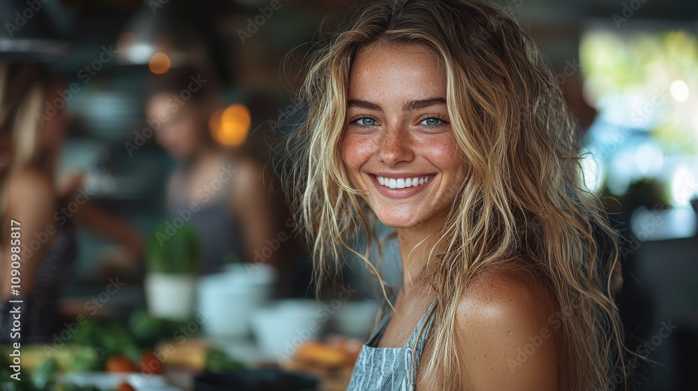 Fototapeta premium A smiling woman with wavy hair stands in a vibrant kitchen filled with fresh produce, exuding warmth and joy.