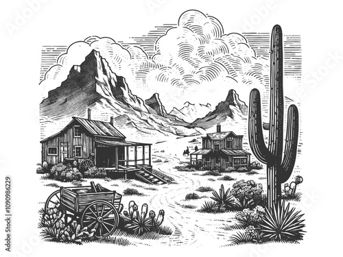 Wild West landscape desert homestead featuring wooden cabins, towering cacti, rugged mountains, and a rustic wagon sketch engraving generative ai vector illustration. Scratch board. Black and white.