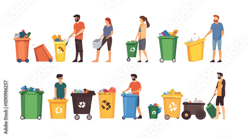 Men Sorting Garbage near Colorful Containers for Recycling