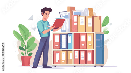 Man Searching for Text Files: Professional Looking Guy Organizing Documents in Office Setting