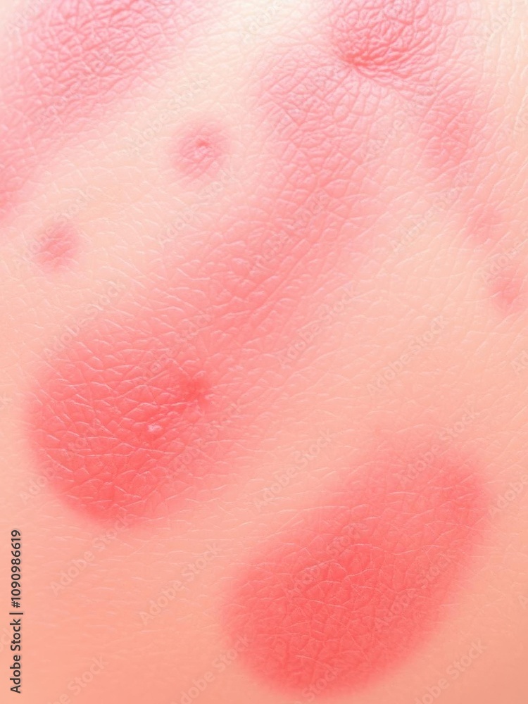 Fototapeta premium Close-up of red, inflamed skin with rash caused by allergic dermatitis, healthcare