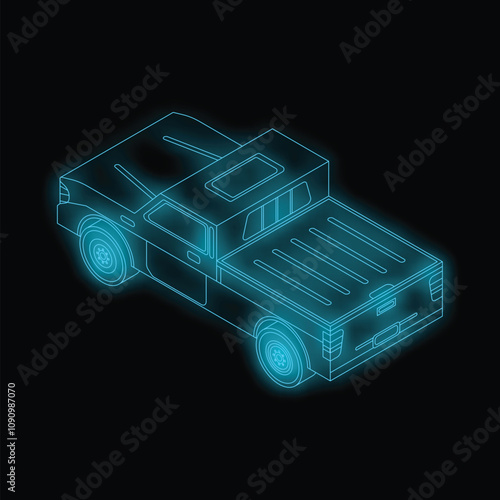 Neon glowing illustration of a pickup truck, showing an isometric projection from the rear