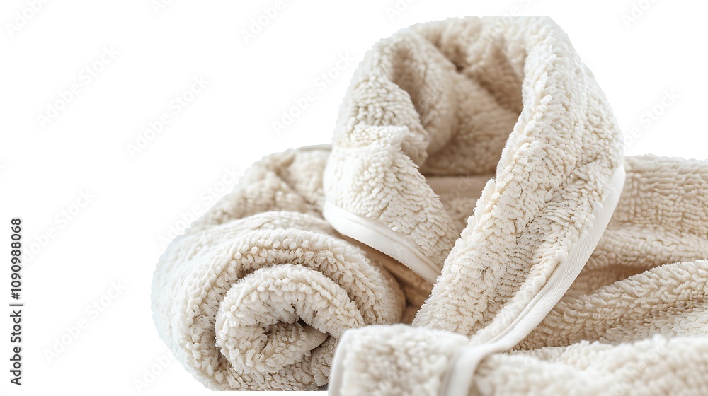 A soft, rolled-up bathrobe made of fluffy fabric, perfect for relaxation and comfort after a bath or shower. A soft, rolled-up bathrobe made of fluffy fabric, perfect for relaxation and comfort after a bath or shower.