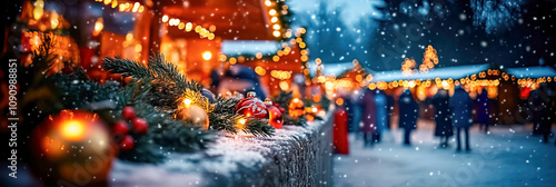 Christmas banner. Christmas Market: Vibrant scenes from bustling Christmas market with twinkling lights and festive stalls