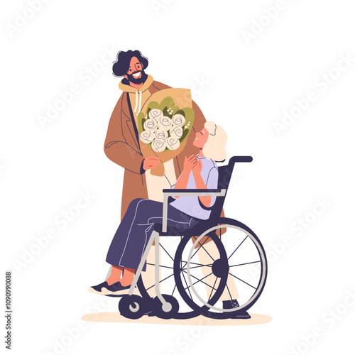 Romantic dating of loving people, guy giving bouquet of flower for woman with special needs