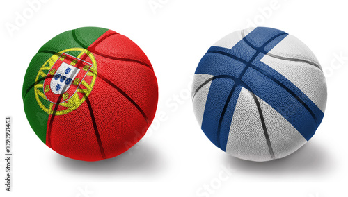 basketball balls with the national flags of finland and portugal on the white background. photo