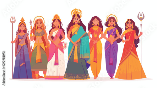Nine Indian Goddesses Devi Celebrating Happy Navrat Festival