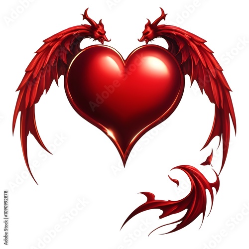 red heart adorned with symmetrical dragon wings and a swirling tail, representing strength, love, and passion, perfect for fantasy, gothic, and tattoo-inspired designs photo