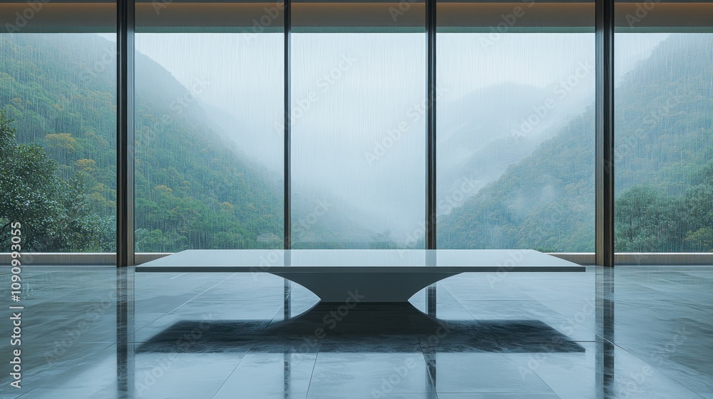 Naklejka premium Serene Rainy Mountain View from Modern Interior