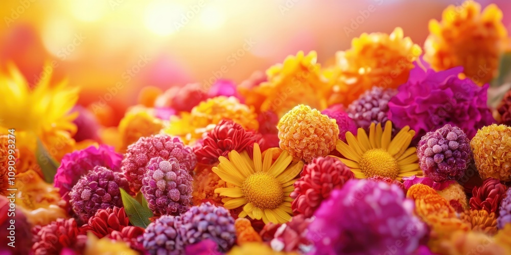 A vibrant array of colorful flowers illuminated by warm sunlight, creating a cheerful and lively atmosphere. A vibrant array of colorful flowers illuminated by warm sunlight, creating a cheerful and lively atmosphere.