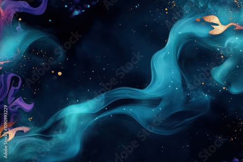 A dark navy blue abstract background with glowing teal smoke, soft crimson watercolor splashes, and shimmering gold glitter particles, swirling with lavender and cobalt blue acrylic paint underwater. photo