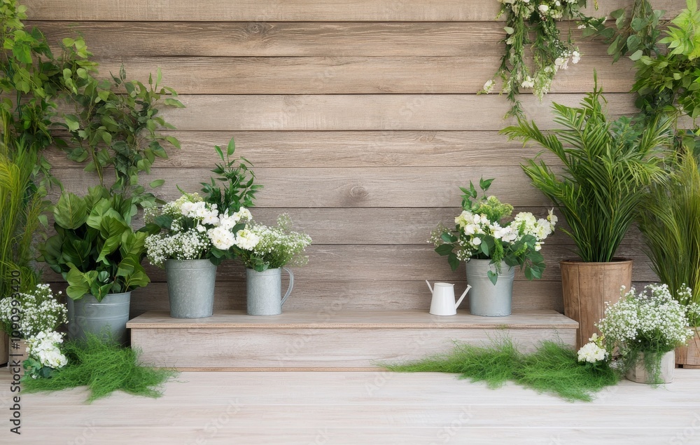 Fototapeta premium Decorative arrangement of potted plants and flowers on wooden backdrop in indoor setting