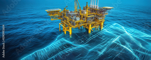 Oil rig in ocean with sonar waves illustrating deep sea formations. This captures advanced technology used in underwater exploration and resource detection