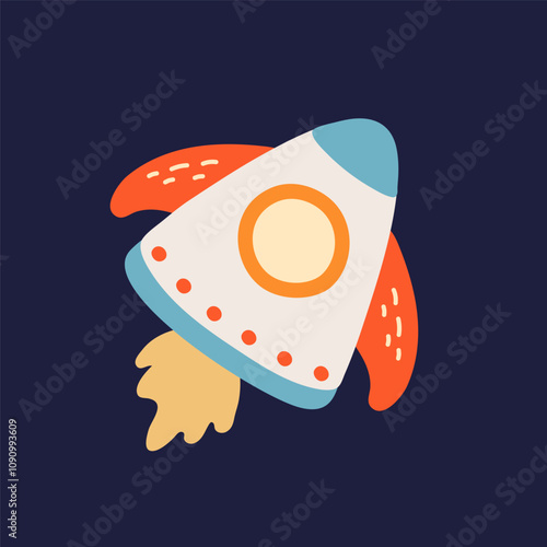 Colorful cartoon rocket launching into space with dark background.