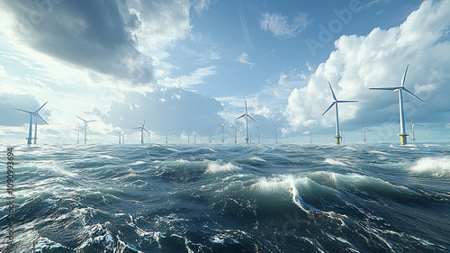 Offshore wind farm with rows of wind turbines in turbulent sea under cloudy sky. scene captures power of renewable energy and nature beauty photo