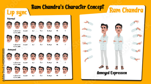 An Indian man cartoon character AKA Ram Chandra. An Indian man annoyed face expressions and lip sync. Set of an annoyed Indian man with various hand gesture and front and 1/3 standing pose.