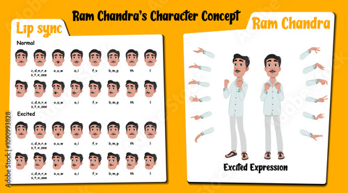 An Indian man cartoon character AKA Ram Chandra. Excited face expressions and lip sync. Set of an excited Indian man with various hand gesture and front and 1/3 standing pose.