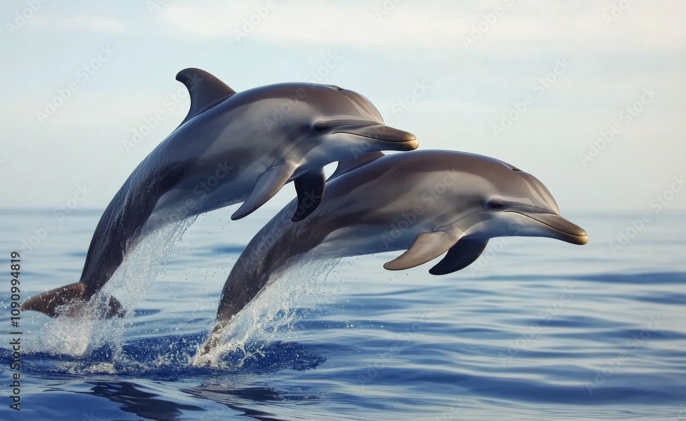 Obraz premium Dolphins jumping in the ocean at sunset near a serene coastline