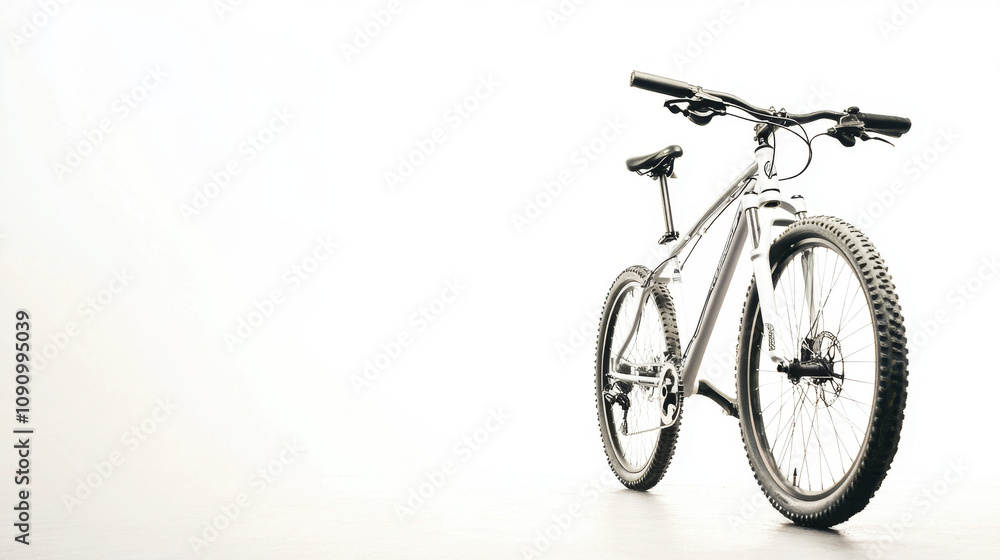 Obraz premium A sleek mountain bike with large tires stands against a minimalist white background, emphasizing its modern design and rugged features.