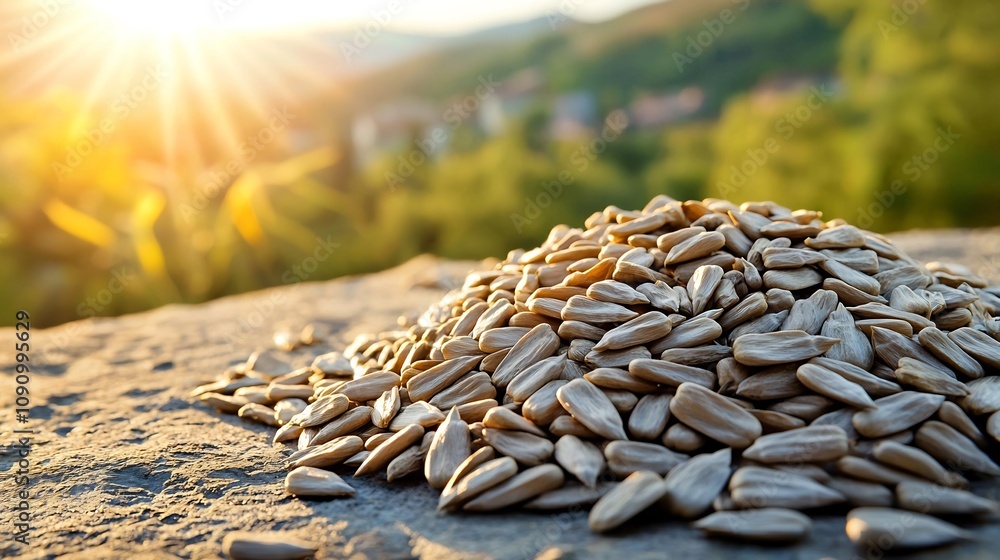 Obraz premium Harvest Sustainability Snack, Sunflower Seeds Spread on Natural Stone Slab with Selective Focus and Copy Space