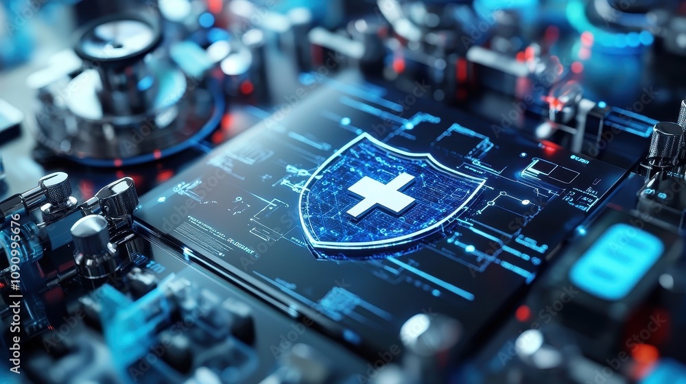 Naklejka premium Digital security shield on a circuit board background, symbolizing cybersecurity.