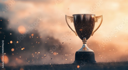 Trophy stands prominently against a fiery background during a sports celebration event