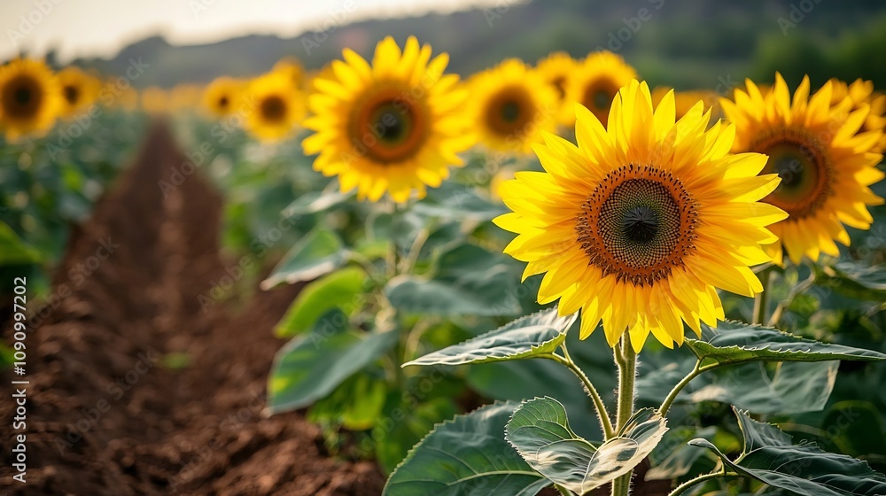 Obraz premium Farm Soil Yield, Vibrant Sunflower Field Contrasted Against Rich Brown Soil Backdrop