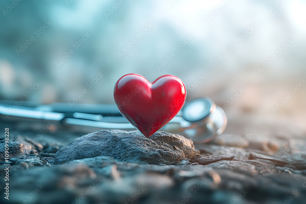 Fototapeta premium Red Heart on Rocks with Stethoscope: A Symbol of Health, Care, and Hope