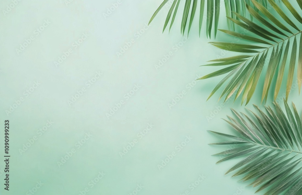 Fototapeta premium Green background with tropical leaves and a neutral plate in the center
