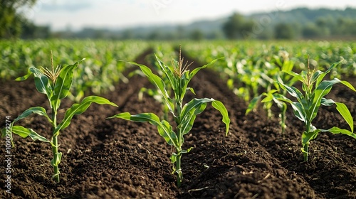 Farm Soil Yield, Lush Cornfield Landscape Showcasing Robust Agricultural Yield