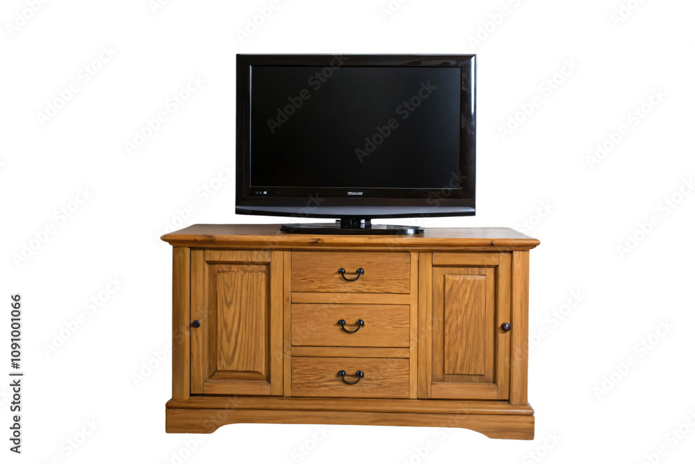 A classic wooden TV stand with drawers and cabinets, supporting a sleek black flat-screen TV, neatly designed for traditional aesthetics, set against a transparent background A classic wooden TV stand with drawers and cabinets, supporting a sleek black flat-screen TV, neatly designed for traditional aesthetics, set against a transparent background