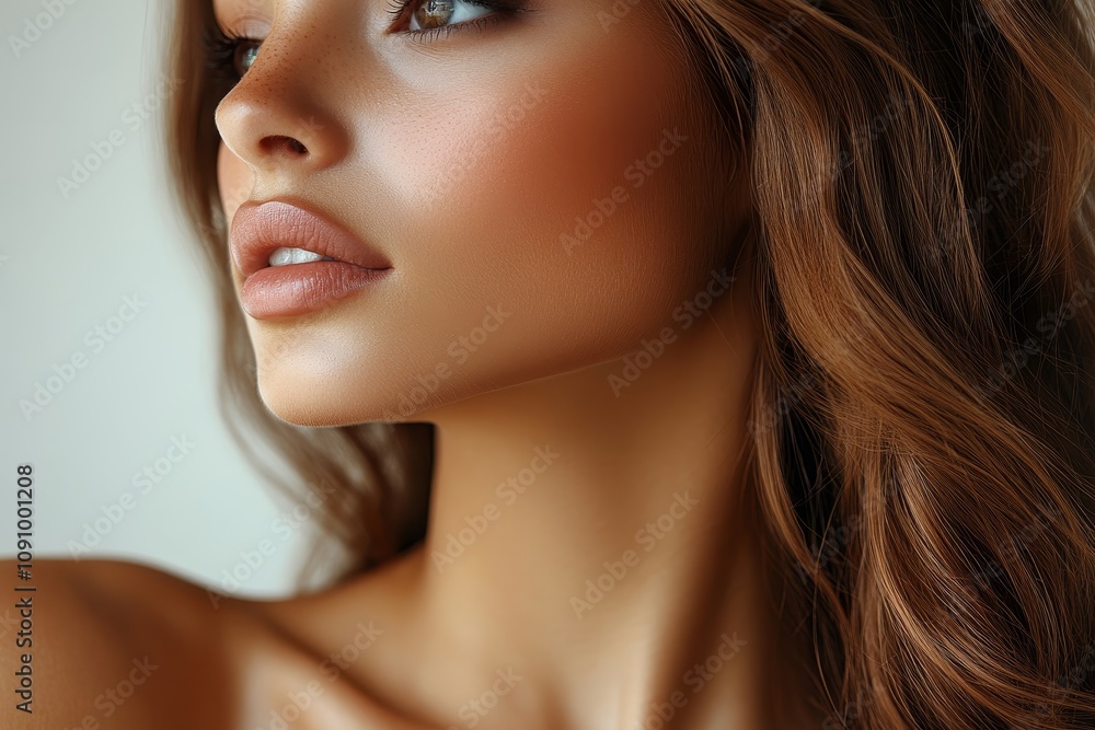 Naklejka premium close-up of woman with bare shoulders and sensuality lips on light background