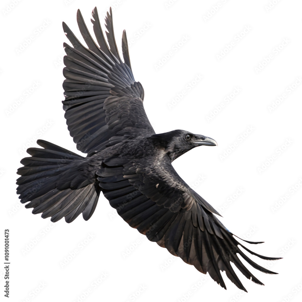 Fototapeta premium A dynamic close-up of a black crow mid-flight, wings fully extended, showcasing intricate feather details and piercing focus, set against a transparent background