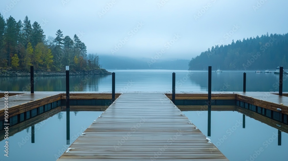 Fototapeta premium Empty boat dock with a few empty slips and a scenic backdrop of trees and a peaceful harbor