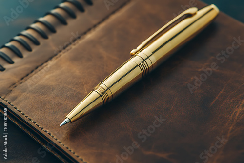 Luxurious Gold Pen on Brown Leather Notebook: A Classic Writing Experience photo