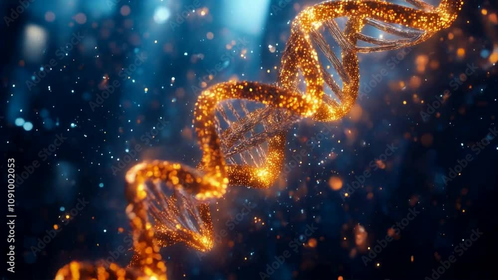 3D render of a double helix DNA structure with glowing particles, in a ...