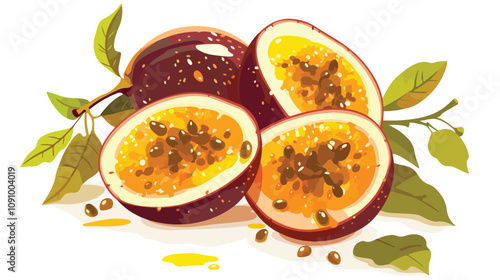 Fresh Passion Fruit Slices on white background. Healthy and Juicy Tropical Fruit Concept for Food and Beverage Industry.