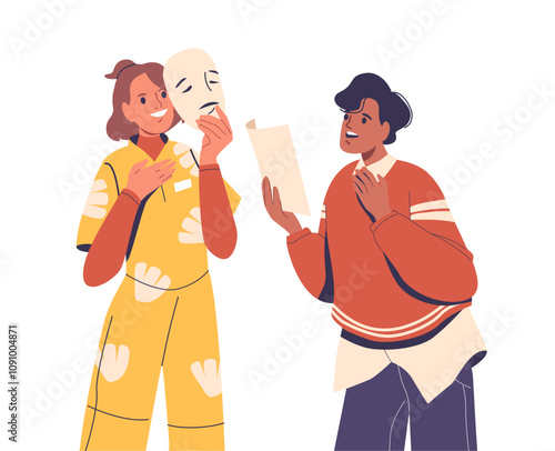 Young man and woman artistes cartoon characters rehearsing role before theatrical performance
