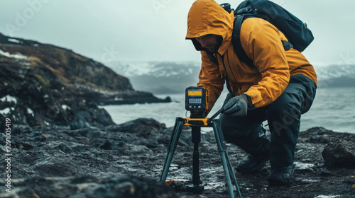 Geologist in yellow jacket using seismic sonar on rocky shore. Focused on detecting subsurface features in rugged landscape photo