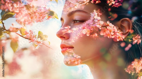 A serene portrait of a woman surrounded by delicate blossoms, embodying the beauty of nature and tranquility. photo