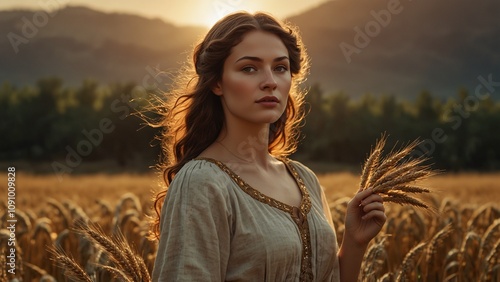 Depict Demeter holding a sheaf of harvest, standing in a golden wheat field, set against abundant crops and warm sunlight, symbolizing harvest and the power of the earth. photo