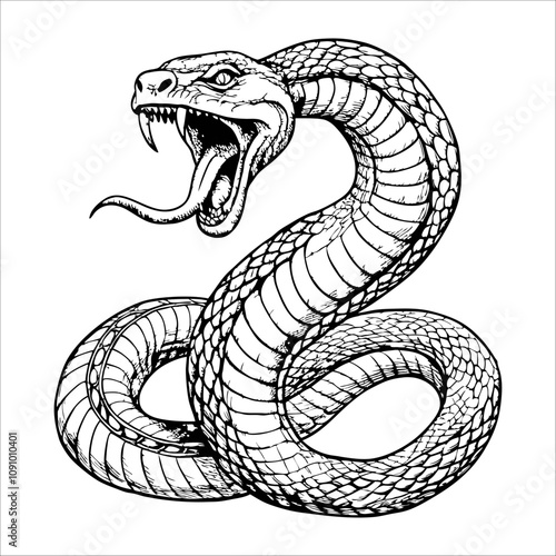 A black and white drawing of a snake with its mouth open