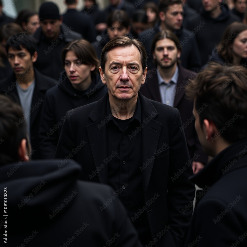 Obraz premium Lone figure amidst shadowy crowd striking contrast intriguing atmosphere