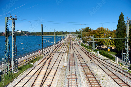 Tablou pe pânză Scenic Railway Track Along Lake Constance Shore in Lindau, Germany
