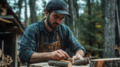 A craftsman carves wood in a serene forest setting, showcasing skill and dedication to traditional woodworking techniques. photo