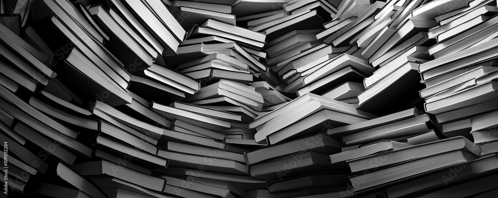 A large pile of books in black and white. A chaotic arrangement of numerous hardcovers and paperbacks. A large pile of books in black and white. A chaotic arrangement of numerous hardcovers and paperbacks.
