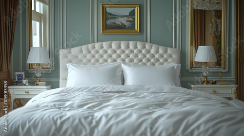Wallpaper Mural Photo of Elegant White Bedroom Interior Design with Luxurious Bed, Pillows, and Lamps Torontodigital.ca