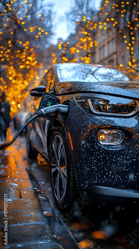 Photo Electric Car Charging Station City Lights Night Rain