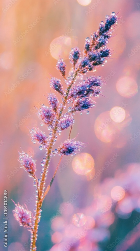 Obraz premium close-up of a dew-covered flower in a morning meadow, vibrant colors, soft bokeh in the background, peaceful and idyllic atmosphere