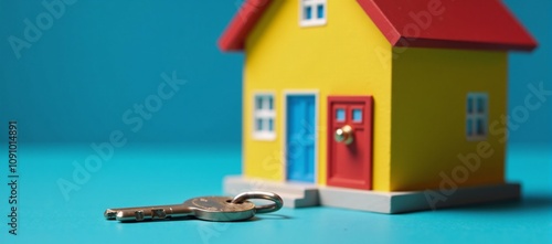 Colorful House Model with Key  Padlock on Blue Background Security  Homeownership Symbolized photo